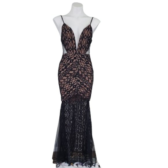 Luxxel Dresses & Skirts - Luxxel Floor length Body Con Low cut, Sheer Evening Gown, Black, Small